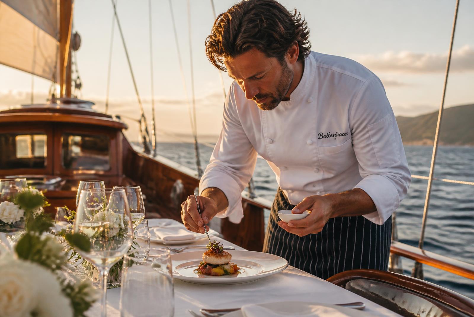 Chef privé dressant une assiette gastronomique à bord
